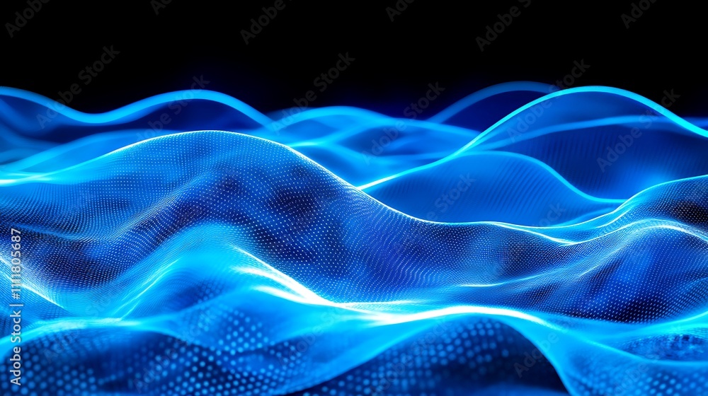 Aufkleber abstract blue digital waves flow in smooth motion on a black background for futuristic design and in