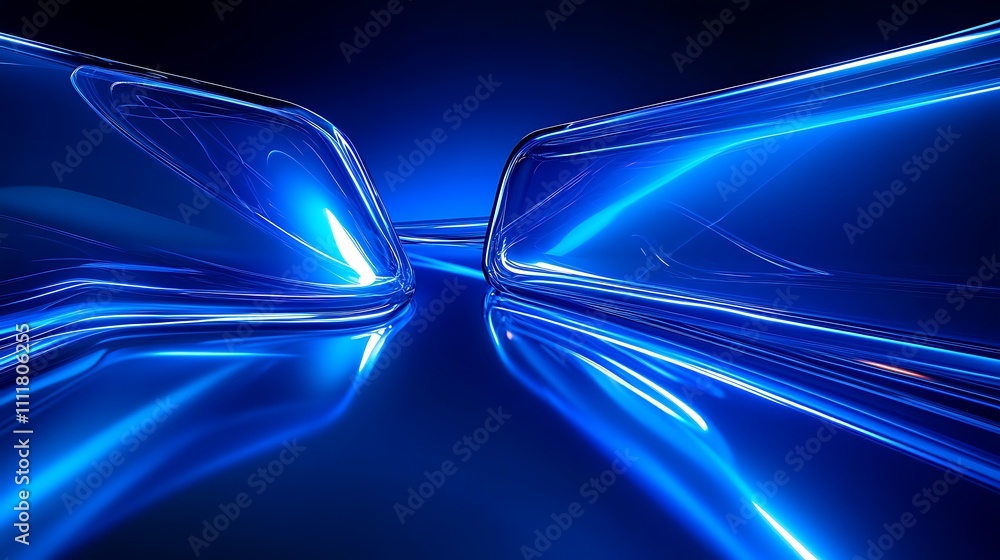 Poster abstract blue light reflection and refraction with smooth curves on dark background for modern desig
