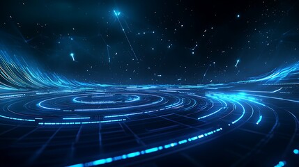 Fototapeta premium Abstract Blue Light Waves and Starry Sky in Futuristic Digital Universe Scene