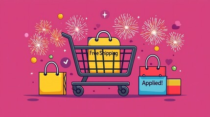 Festive Online Shopping Cart with Fireworks
