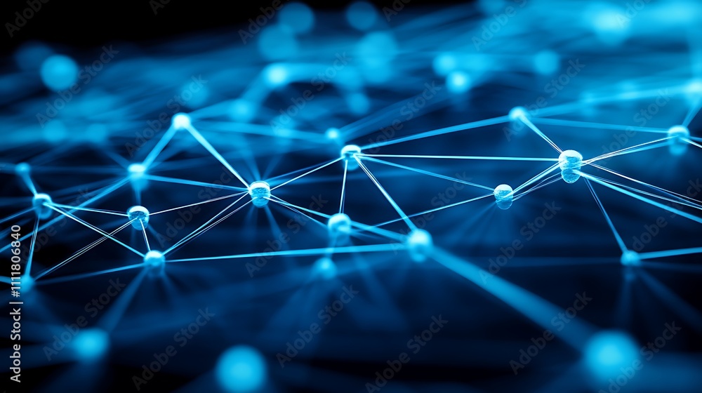 Poster abstract blue network connections with glowing nodes and lines, technology background for digital in