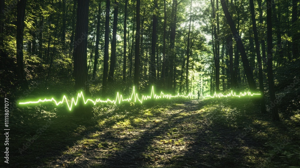 Poster forest path with a digital sound wave overlay