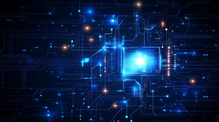 Obraz premium Abstract Blue Technological Circuit Board with Glowing Lights and Microchip for Digital Innovation Background