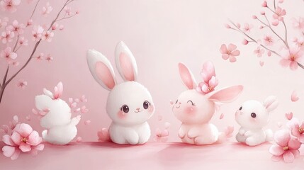 Fototapeta premium Cute bunnies surrounded by cherry blossoms in a soft, pastel setting.