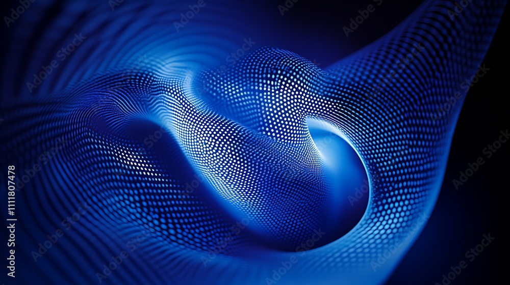 Poster abstract blue wave pattern with dots and curves in a digital space creating a sense of depth and mov