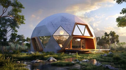 A geodesic dome house bathed in warm sunlight, showcasing its unique geometric structure and inviting interior space