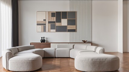 Generative AI, A Modern Artistic Living Room Featuring a Plush Modular Bouclé Sofa, Checkerboard Geometric Wall Art, and Minimalist Sculptural Decor for a Balanced and Inviting Atmosphere