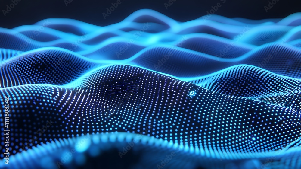 Poster abstract blue waves with digital particles creating a flowing, futuristic landscape in a virtual spa