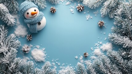 Obraz premium minimalist snowy scene with a lone snowman, framed by delicate pine branches at the edges, leaving a central blank copy space for text 