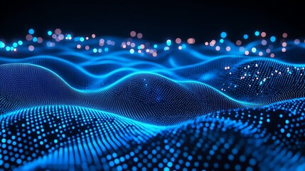 Fototapeta premium Abstract Blue Waves with Glowing Particles in a Digital Landscape for Technology and Science Concepts