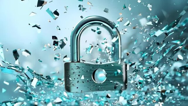 A shattered padlock with shards of glass or ice scattered around, suggesting a theme of breaking barriers or security.