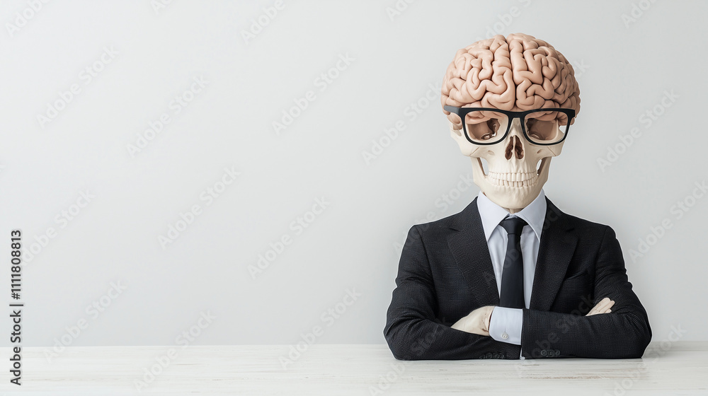Poster brainpower in business: a conceptual image of a skeleton in a suit with a brain instead of a head, a