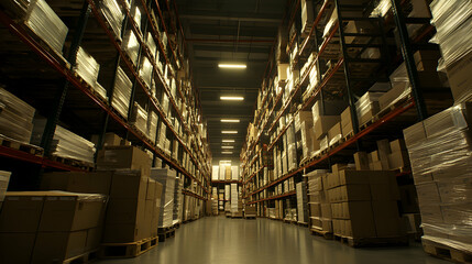 Fototapeta premium Vast warehouse interior, rows of high stacked pallets, cardboard boxes, logistics, storage, distribution center, industry.