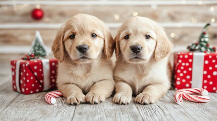 Puppies surrounded by festive decorations and candy canes, Cute baby animals, Christmas festive puppies