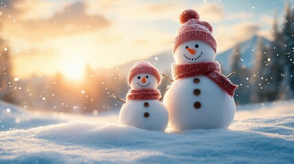 Obraz premium A playful snowman family in a wide open snowy meadow, surrounded by falling snowflakes and distant mountains, with a clear sky area above for text 