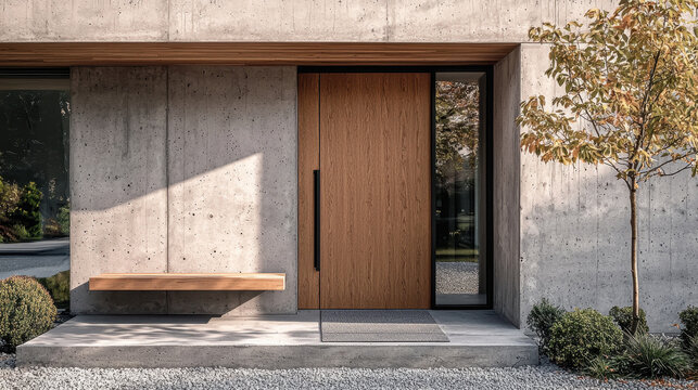 Fototapeta Contemporary entrance with wood door modern house