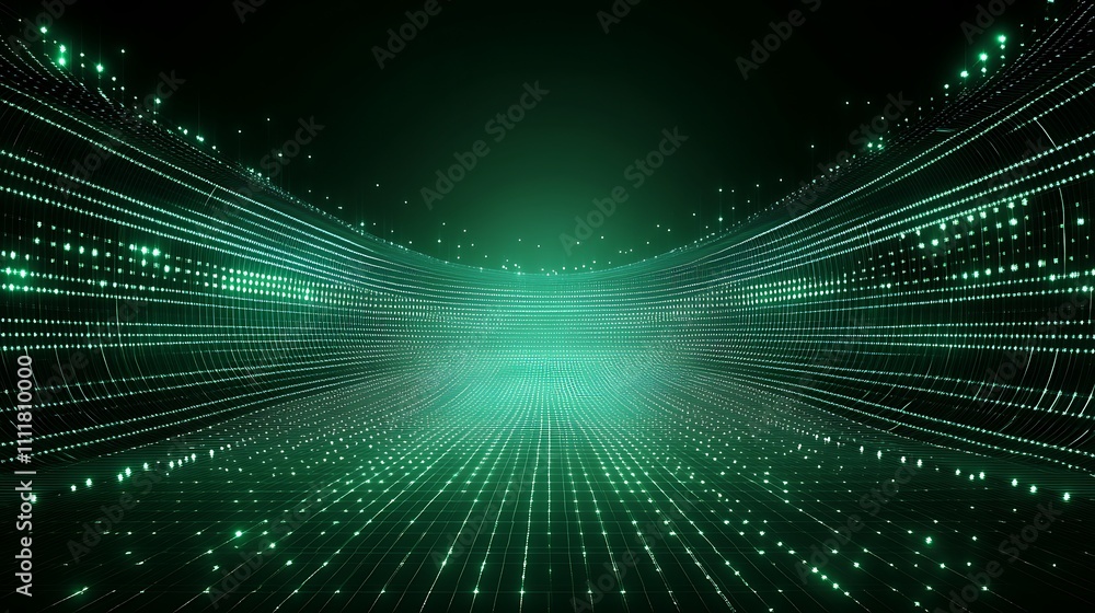 Aufkleber abstract digital background with glowing green lines and particles in futuristic perspective view