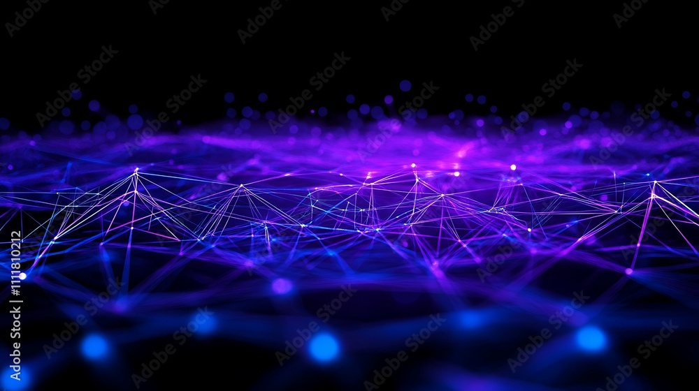 Poster abstract digital background with purple and blue light connections in a network design for technolog
