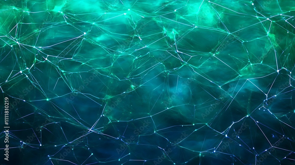 Poster abstract digital background with interconnected lines and glowing dots in blue and green tones