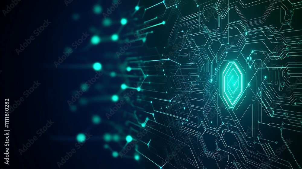 Poster abstract digital circuit design with glowing neon elements and data flow representations in blue and