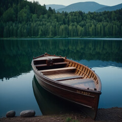 Fototapeta premium Seen - Ein einsames Boot gleitet über den stillen See