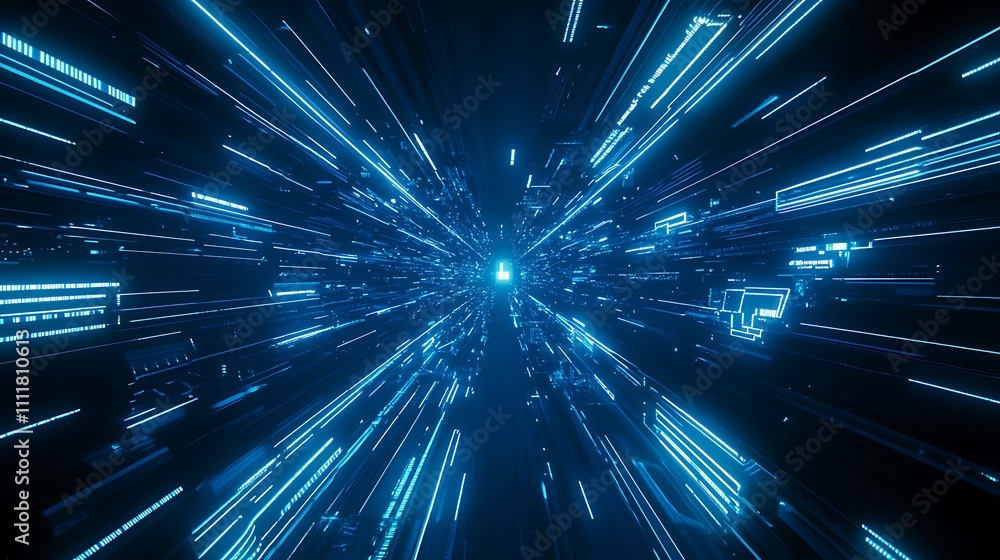 Poster abstract digital future technology background with blue light rays conveying speed and motion in dar