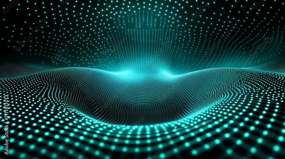 Poster abstract digital landscape with blue dots and wave patterns in a stunning fluid motion effect