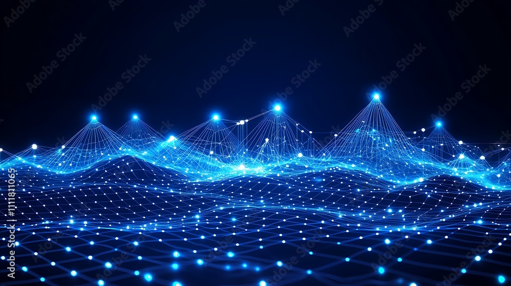 Poster abstract digital landscape with blue light points and connections representing technology and data v