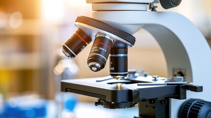 Fototapeta premium Close-up of microbiologist examining petri dish with salmonella bacteria under microscope, scientific investigation of outbreak, copy space for text or design.