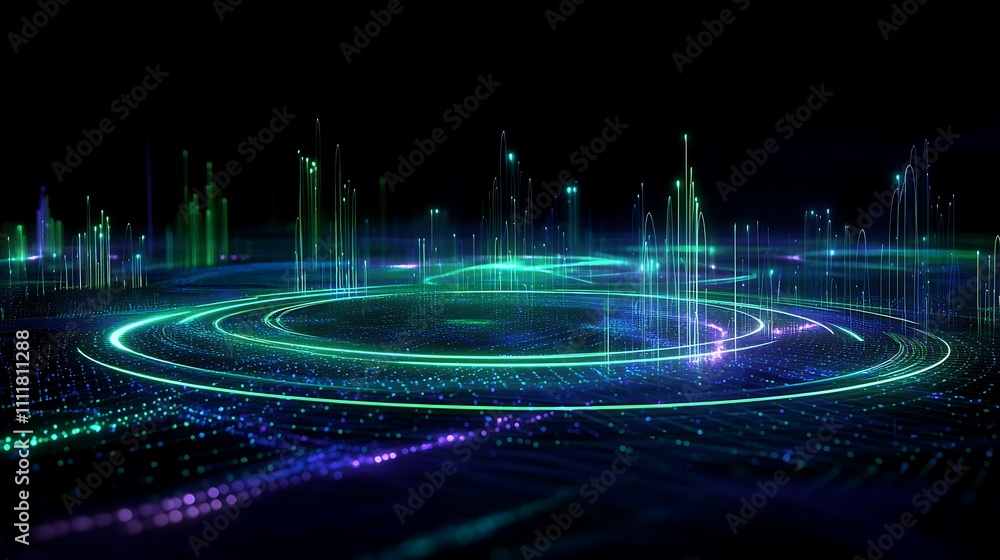 Poster abstract digital landscape with colorful light trails and sparkling dots in dark background
