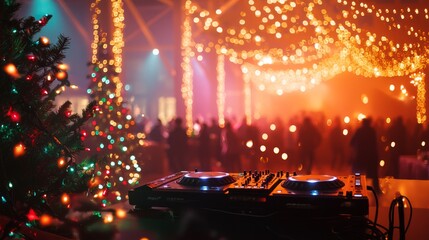 Obraz premium Winter Wonderland Rave: Festive Christmas Party with DJ Booth, Sparkling Lights, Joyful Crowd in Winter Attire