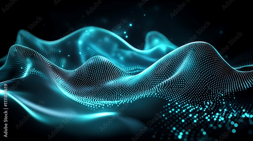Poster abstract digital landscape with flowing waves of light and glowing particles in dark background