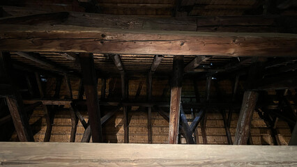 Wooden ceiling beams in Medieval knight's castle, Siedlicin tower in Poland, Silesia.