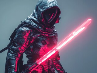 Futuristic warrior in sleek armor holding a glowing red energy sword, sci-fi character design, dark mysterious setting, neon light, cyberpunk photography, action-packed imaginative art