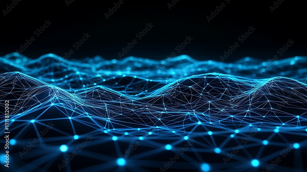 Poster abstract digital landscape with glowing blue lines and dots on a dark background representing data v