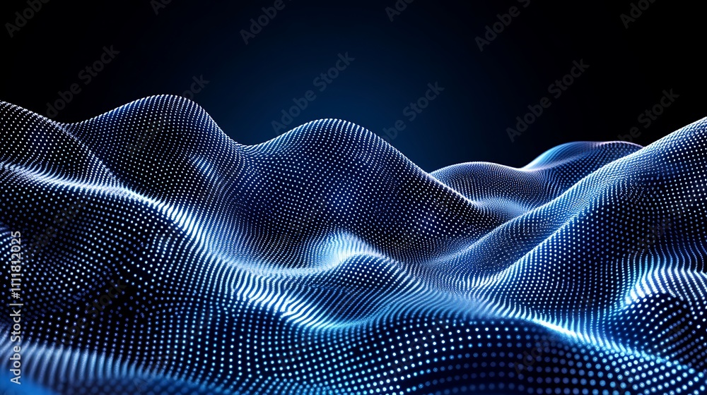 Poster abstract digital landscape with glowing blue particles and wave patterns on a dark background