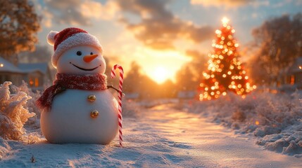 Obraz premium A snowman golfer holding a candy cane golf club, standing on a snowy fairway with a glowing Christmas tree nearby