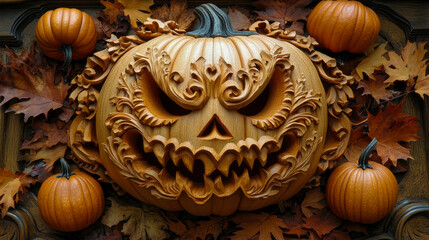 A wooden pumpkin displays intricate carvings of a scary face, surrounded by colorful autumn leaves and small pumpkins, creating a festive fall atmosphere