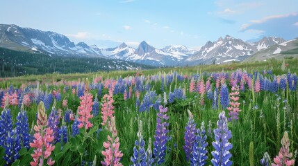 Fototapeta premium Vibrant Wildflowers in Mountain Landscape Under Clear Blue Sky