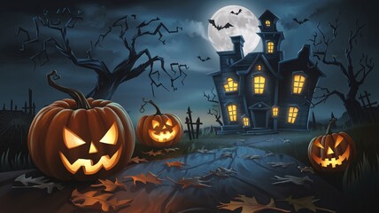 Fototapeta premium Haunted Halloween Night: A spooky, moonlit scene with a mysterious, looming house and jack-o-lanterns illuminating the path. 