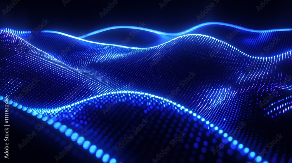 Poster abstract digital landscape with glowing blue waves and waveforms illuminating against a dark backgro