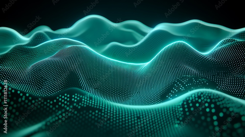 Poster abstract digital landscape with glowing lines and dots creating a fluid wave-like motion in 3d space
