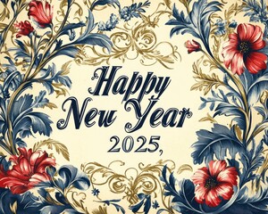 A decorative New Year greeting card for 2025 featuring floral designs.