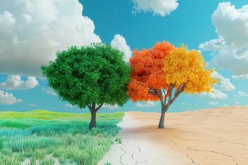 Forest transitioning from lush green to dry desert, illustrating deforestation and environmental degradation