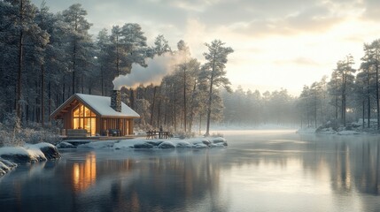 Fototapeta premium A steaming sauna by the edge of a frozen lake in Finland, a table with warm drinks, smoke rising from the chimney, surrounded by snow-covered trees, a realistic and serene winter scene