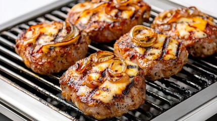 Grilled meat patties topped with cheese and onions on a barbecue grill, showcasing juicy, flavorful cooking.