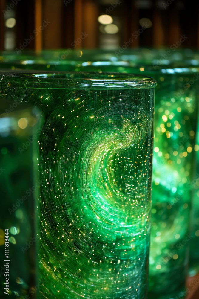 Poster swirling patterns create a mesmerizing effect in green glass vases lined up, reflecting light and en