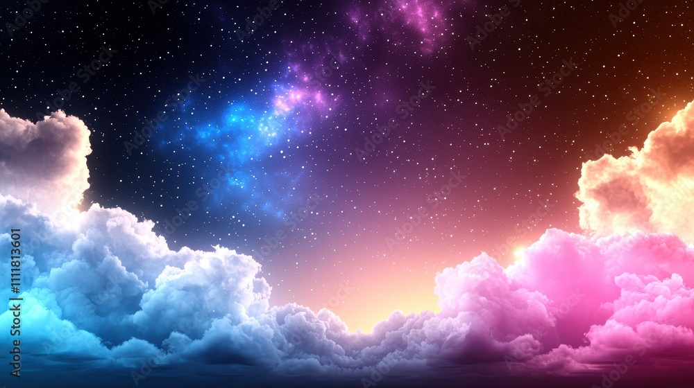 Poster a vibrant twilight sky filled with colorful clouds and sparkling stars, creating a mystical and sere