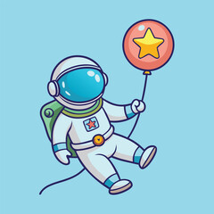 Cute Astronaut Floating with Star Balloon Vector Illustration. Cartoon Type
