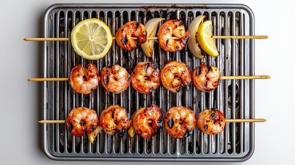 Grilled shrimp skewers with lemon on a grill, showcasing delicious seafood ready for serving.